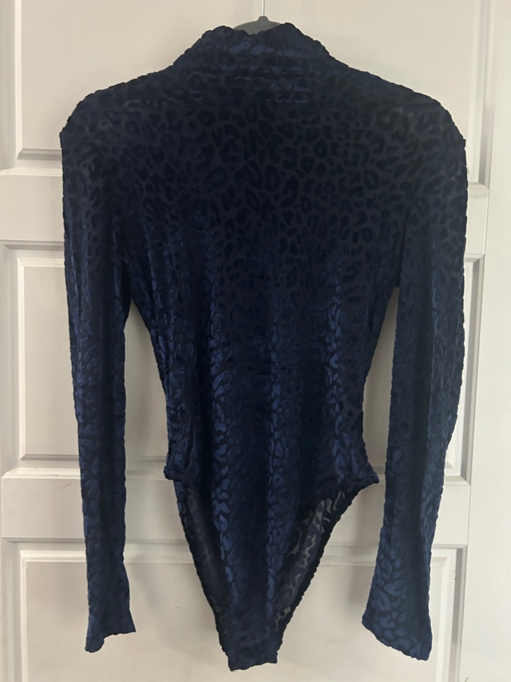 Women’s Navy Velvet Leopard Print Long-Sleeve Bodysuit